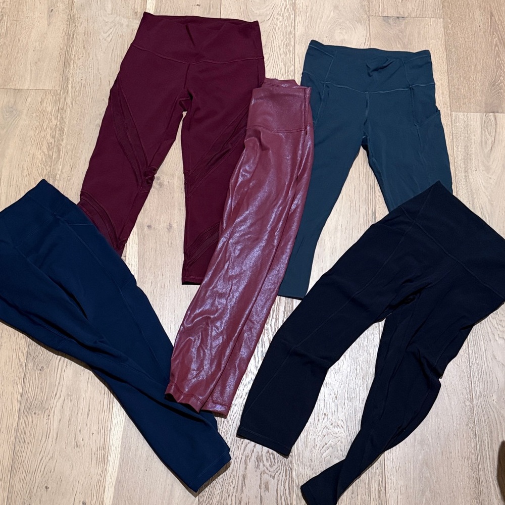 Lululemon Leggings bundle- Burgundy, Teal, Navy, Black, and shiny Maroon